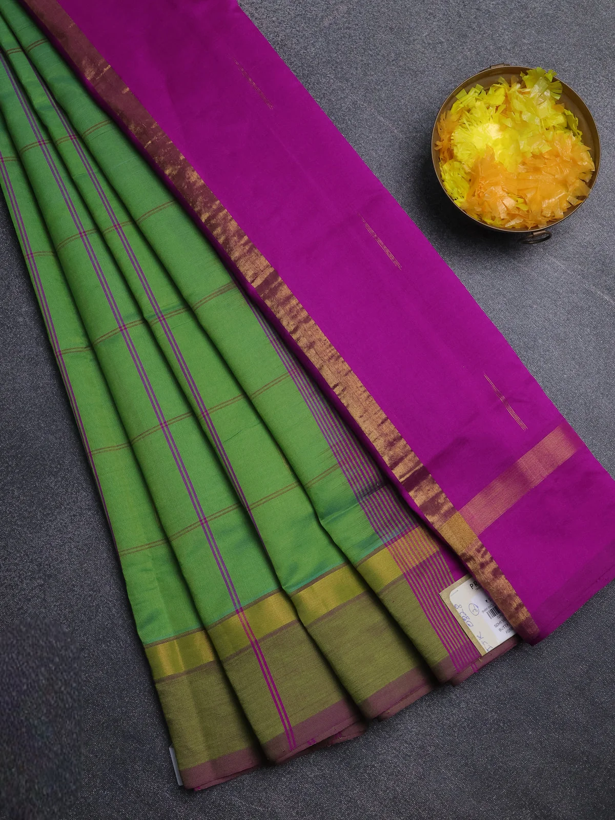 Light Green and Dark Pink Zari Semi Silk Cotton Saree